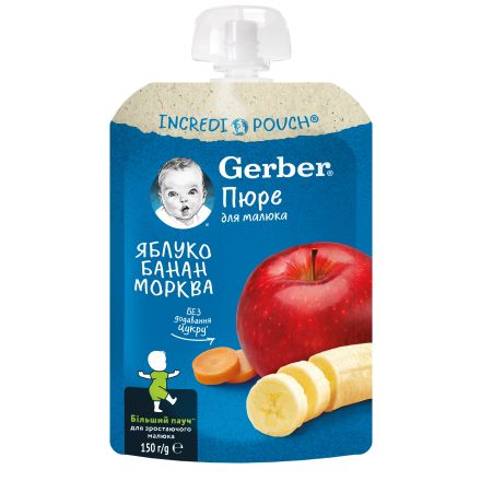 GERBER Пауч ябълки, банан и моркови, 12+м, 150г