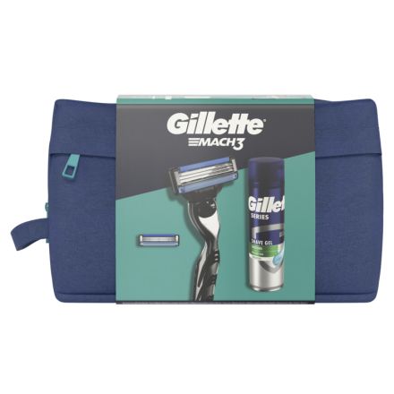 GILLETTE MACH 3 Комплект Система за бръснене , 1 бр.с 2 ножчета +  Гел за Бръснене , 200 мл + несесер
