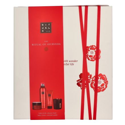 RITUALS AYURVEDA Подаръчен комплект ароматна свещ, 140 гр; богат, плътен и подхранващ крем за тяло, 100 мл; скраб за тяло, богат на масла и сол, 125 гр; чувствен пенлив душ гел, 200 мл.