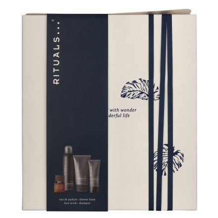 RITUALS HOMME MEDIUM Подаръчен комплект Почистващ скраб за лице с въглен, 125 мл; чувствен пенлив душ гел, 200 мл; шампоан с кофеин, 70 мл; мъжка парфюмна вода L'Essentiel, 15 мл.