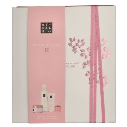 RITUALS SAKURA MEDIUM Комплект крем за тяло, 100 мл, богат, изглаждащ скраб за тяло с масла и захар, 125 гр, чувствен пенлив душ гел, 200 мл, дамска парфюмна вода Rêve de Hanami, 15 мл.