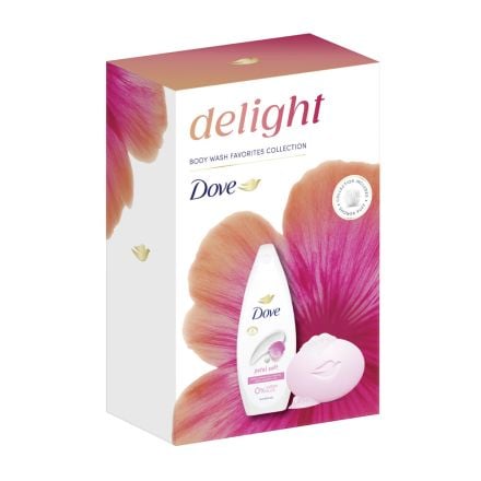DOVE PETAL SOFT  Подаръчен комплект дамски кутия Сапун 90 гр + Душ гел 250 мл + Гъба за баня 