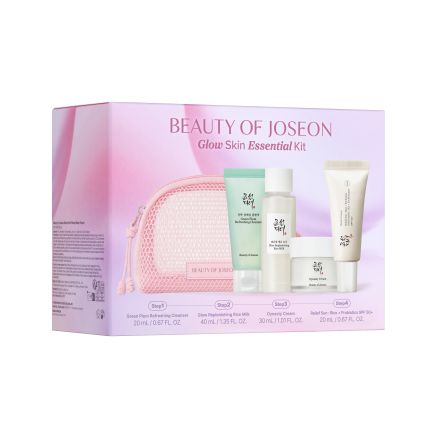 BEAUTY OF JOSEON GLOW  ESSENTIAL KIT Комплект почистващ гел+оризово мляко+подхранващ крем+слънцезащитен крем+несесер 