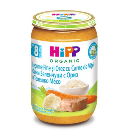 HIPP BIO Пюре Финни зеленчуци с ориз и телешко месо 8+ месеца 6413, 220 г