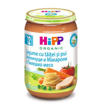 HIPP BIO Пюре Зеленчуци и макарони с пилешко месо 12+месеца 6803, 220 г