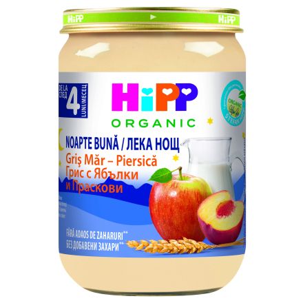 HIPP BIO ЛЕКА НОЩ Млечна каша Грис с ябълки и праскови 4+ месеца, 190 г