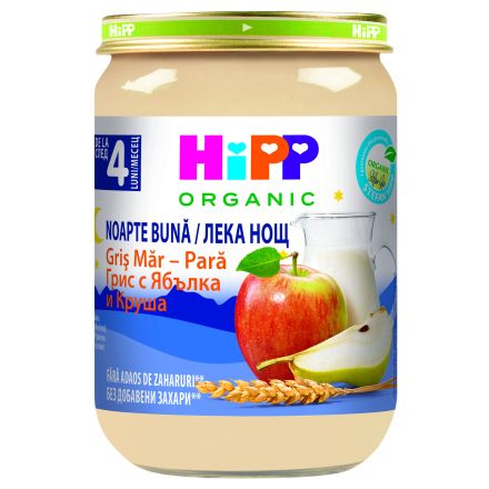 HIPP BIO ЛЕКА НОЩ Млечна каша Грис с ябълки и круши 4+ месеца, 190 г
