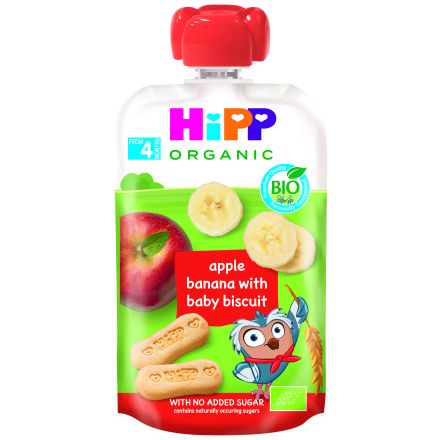 HIPP HIPPIS Био Плодова закуска пауч Ябълка, банан и бисквити 4+ месеца, 100 г