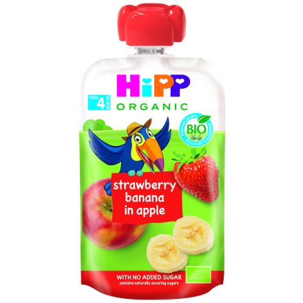 HIPP HIPPIS Био Плодова закуска пауч Ябълка, ягоди и банан 4+ месеца, 100 г