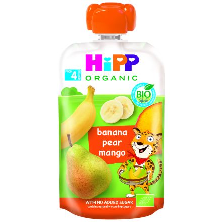 HIPP HIPPIS Био Плодова закуска пауч Банан, круша и манго 4+ месеца, 100 г