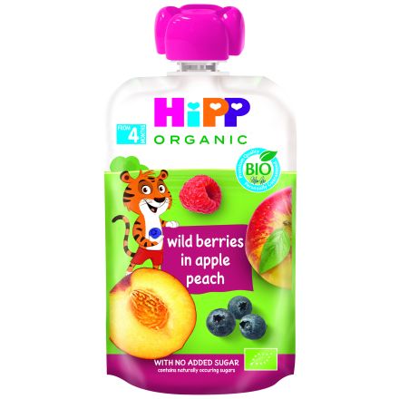 HIPP HIPPIS Био Плодова закуска пауч Горски плод, ябълка и праскова 4+ месеца, 100 г