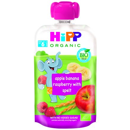 HIPP HIPPIS Био Плодова закуска пауч Ябълка, банан, малина със спелта 6+ месеца, 100 г