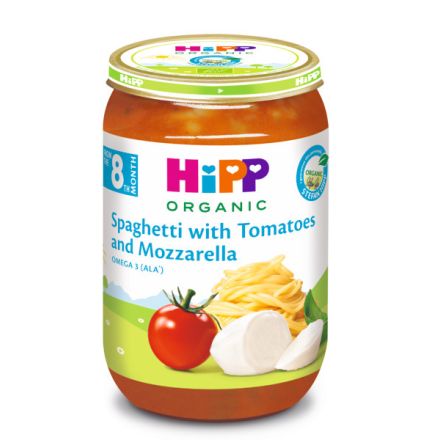 HIPP BIO Пюре Спагети, домати и моцарела 8+ месеца 6400, 220 г