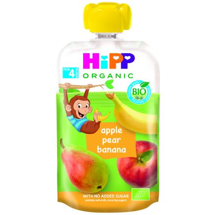 HIPP HIPPIS Био Плодова закуска пауч Ябълка, круша и банан 4+ месеца, 100 г